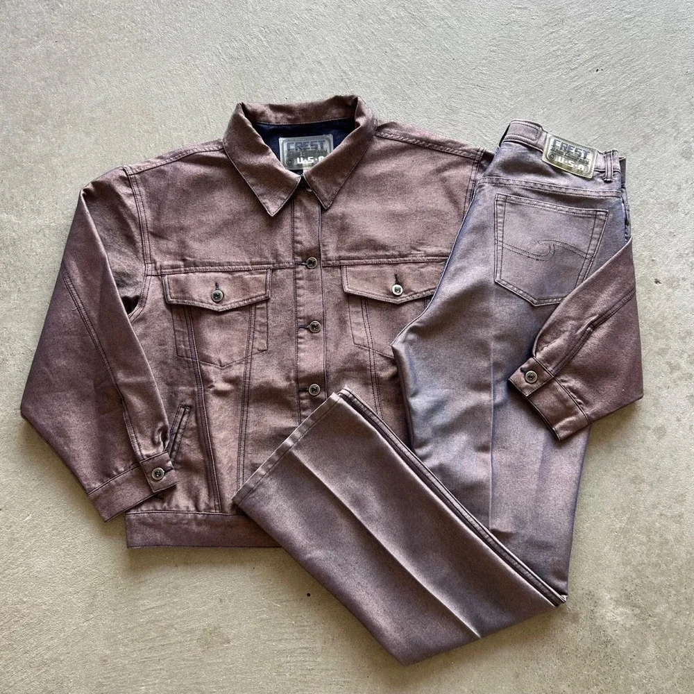 Vintage Crest Jeans Jacket Pants Set Womens Large Iridescent Metallic Y2K Denim